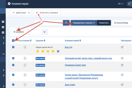 Удаление комментариев из корзины