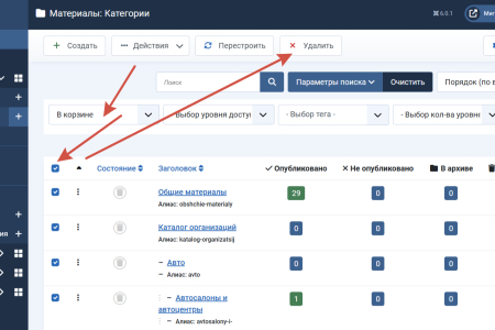 Удаление категорий из корзины